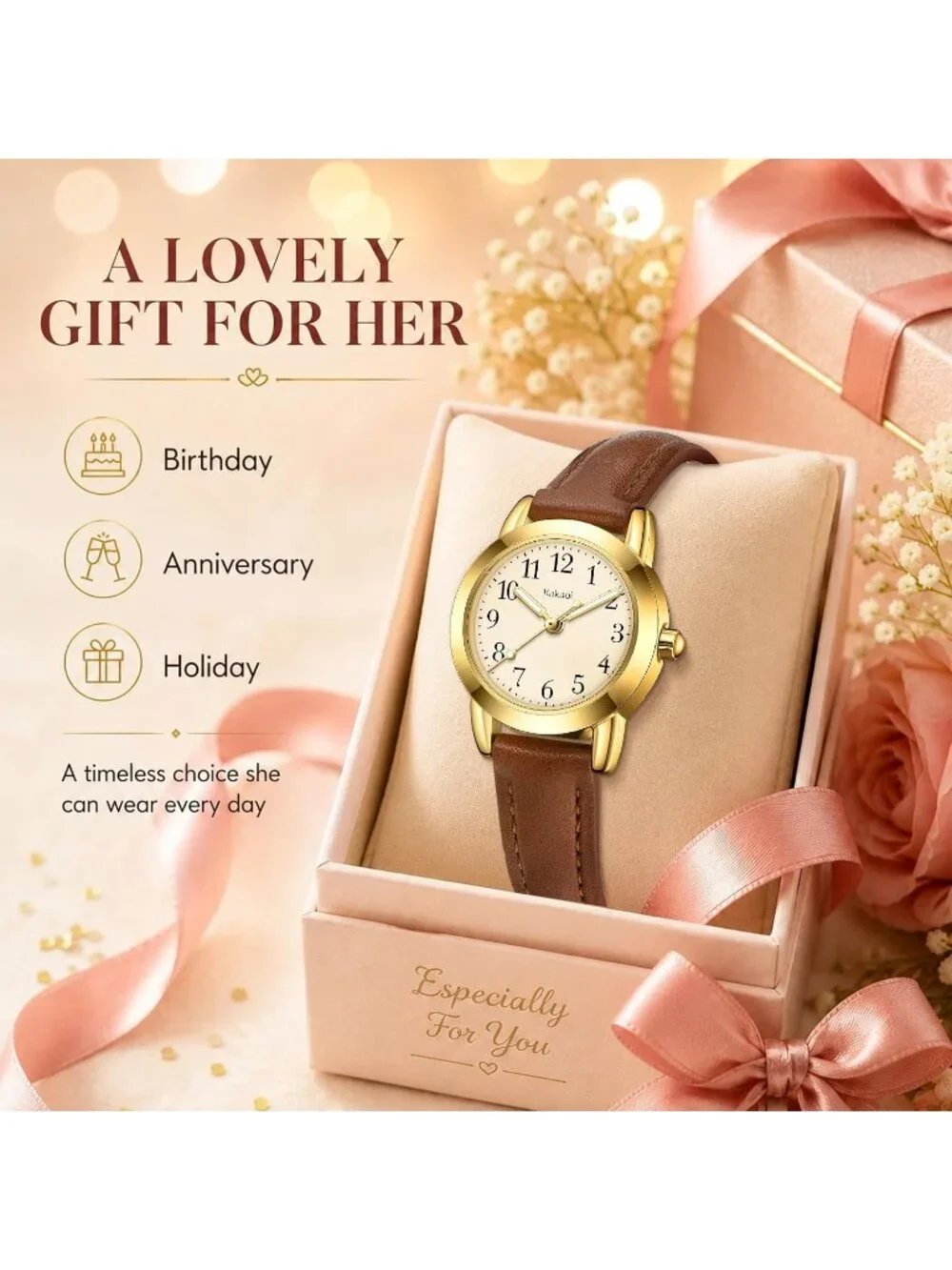 Women's Brown Gold Vintage Analog Slim Leather Strap Quartz Movement Watch
